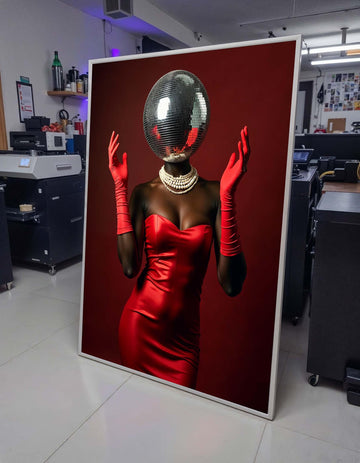Afro Woman, Disco Ball Head Art Print, Glam Red Dress Wall Art, Retro Fashion Decor, Elegant Disco Glamour, Unique Party Art,Ready to Hang