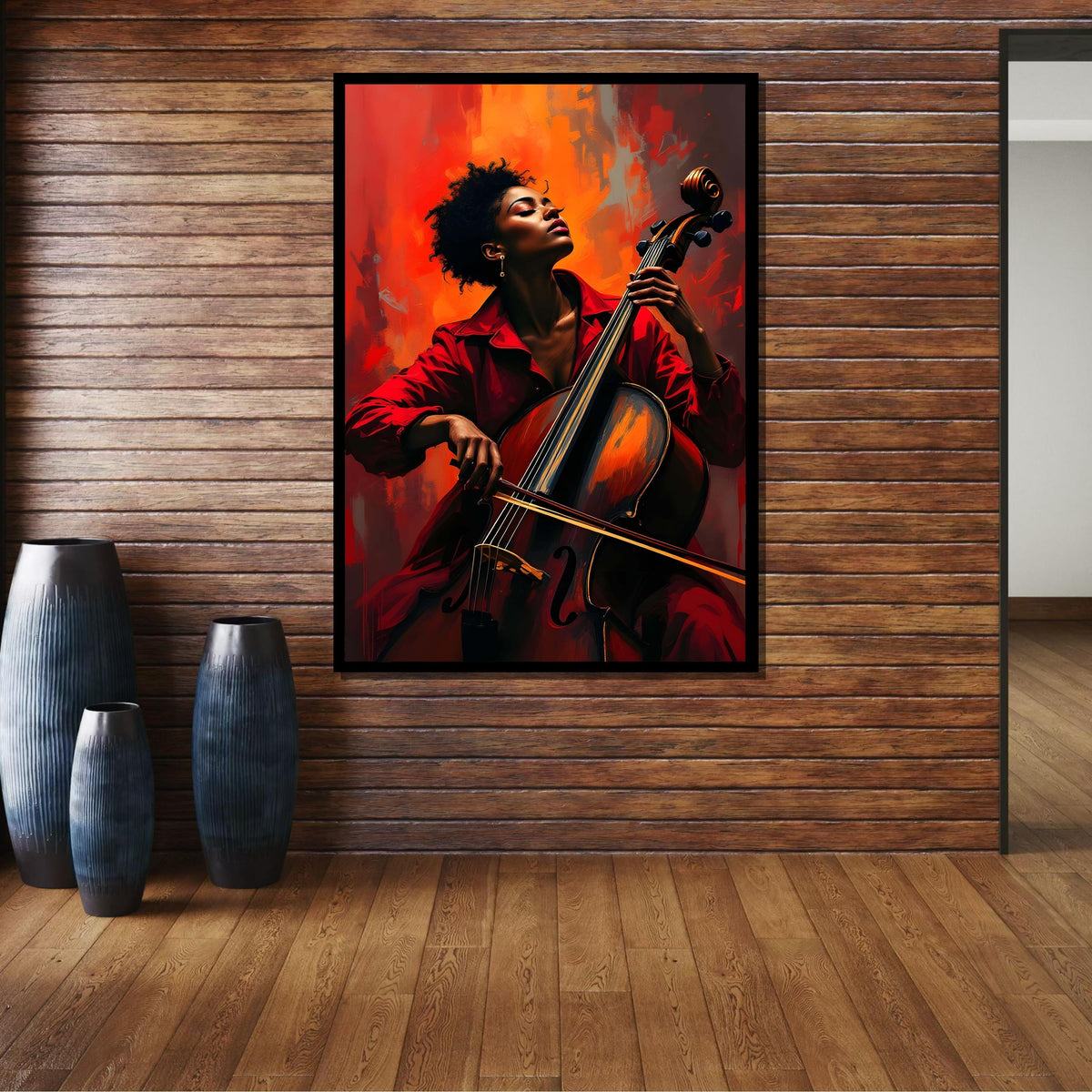 Cello Passion Portrait, Vibrant Music Art,Woman with Cello Print,Modern Musician Wall Art,Bold Orange and Red Decor,Afro Woman,Ready to Hang