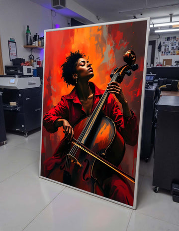 Cello Passion Portrait, Vibrant Music Art,Woman with Cello Print,Modern Musician Wall Art,Bold Orange and Red Decor,Afro Woman,Ready to Hang