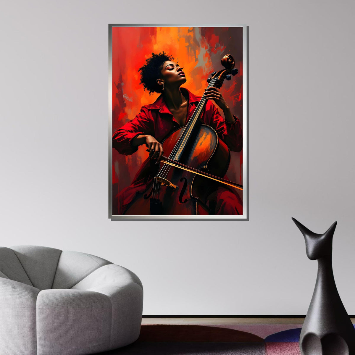 Cello Passion Portrait, Vibrant Music Art,Woman with Cello Print,Modern Musician Wall Art,Bold Orange and Red Decor,Afro Woman,Ready to Hang