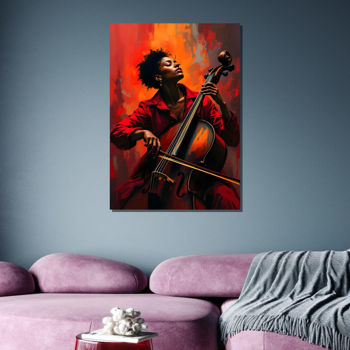 Cello Passion Portrait, Vibrant Music Art,Woman with Cello Print,Modern Musician Wall Art,Bold Orange and Red Decor,Afro Woman,Ready to Hang