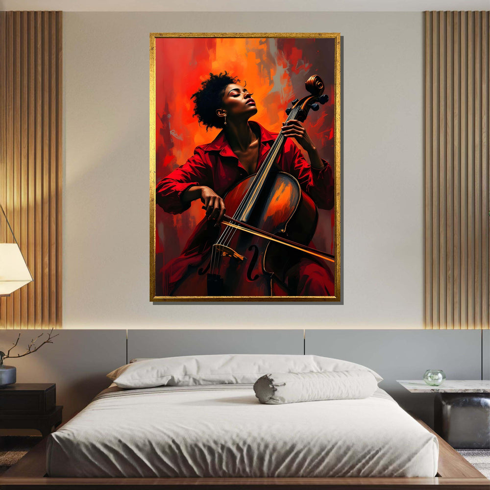 Cello Passion Portrait, Vibrant Music Art,Woman with Cello Print,Modern Musician Wall Art,Bold Orange and Red Decor,Afro Woman,Ready to Hang