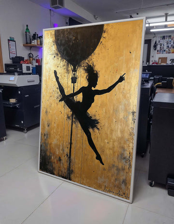Ballerina Silhouette Art, Golden Background Dance Canvas, Ballet Wall Art, Hot Air Balloon Artwork, Modern Dance Decor,Framed Ready to Hang