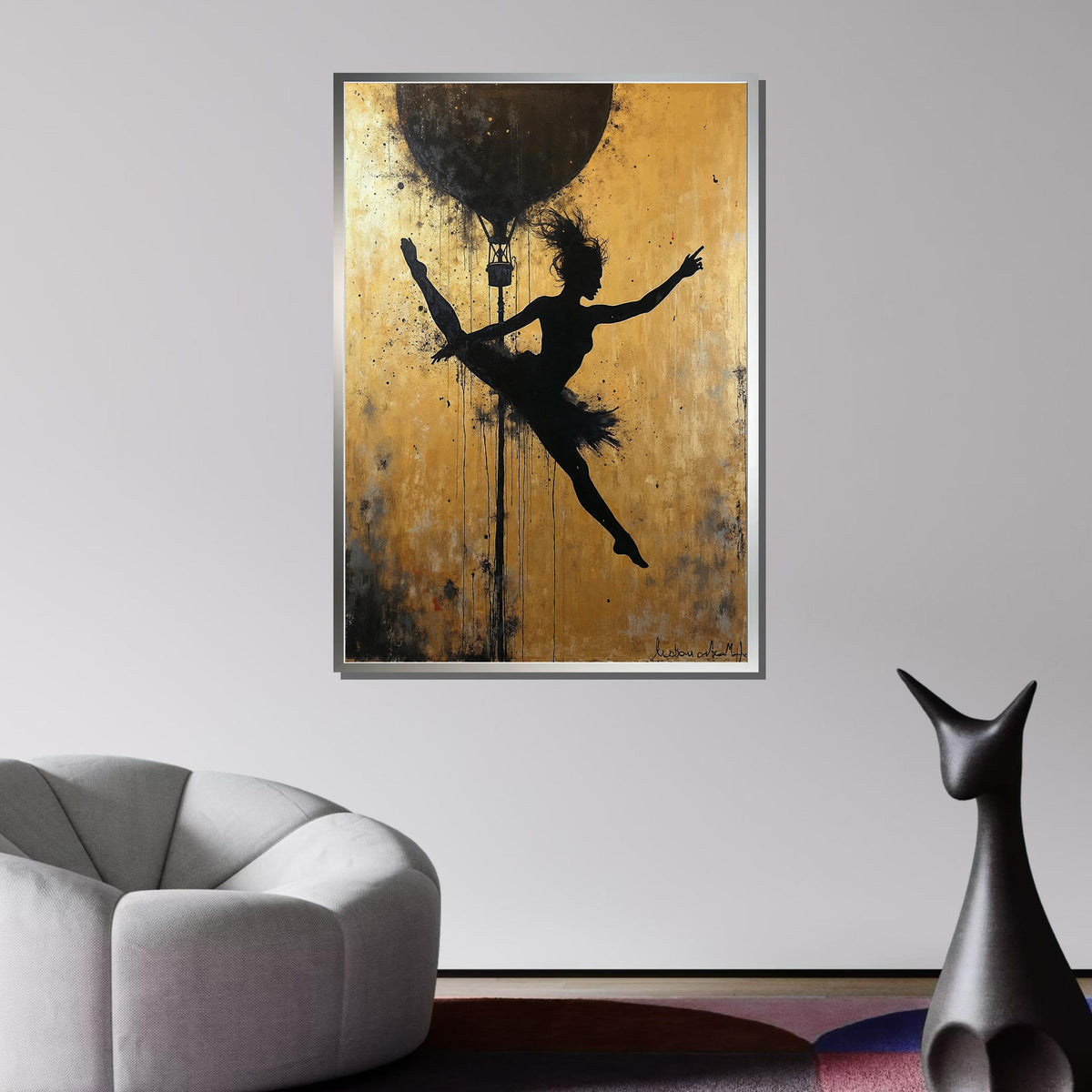 Ballerina Silhouette Art, Golden Background Dance Canvas, Ballet Wall Art, Hot Air Balloon Artwork, Modern Dance Decor,Framed Ready to Hang