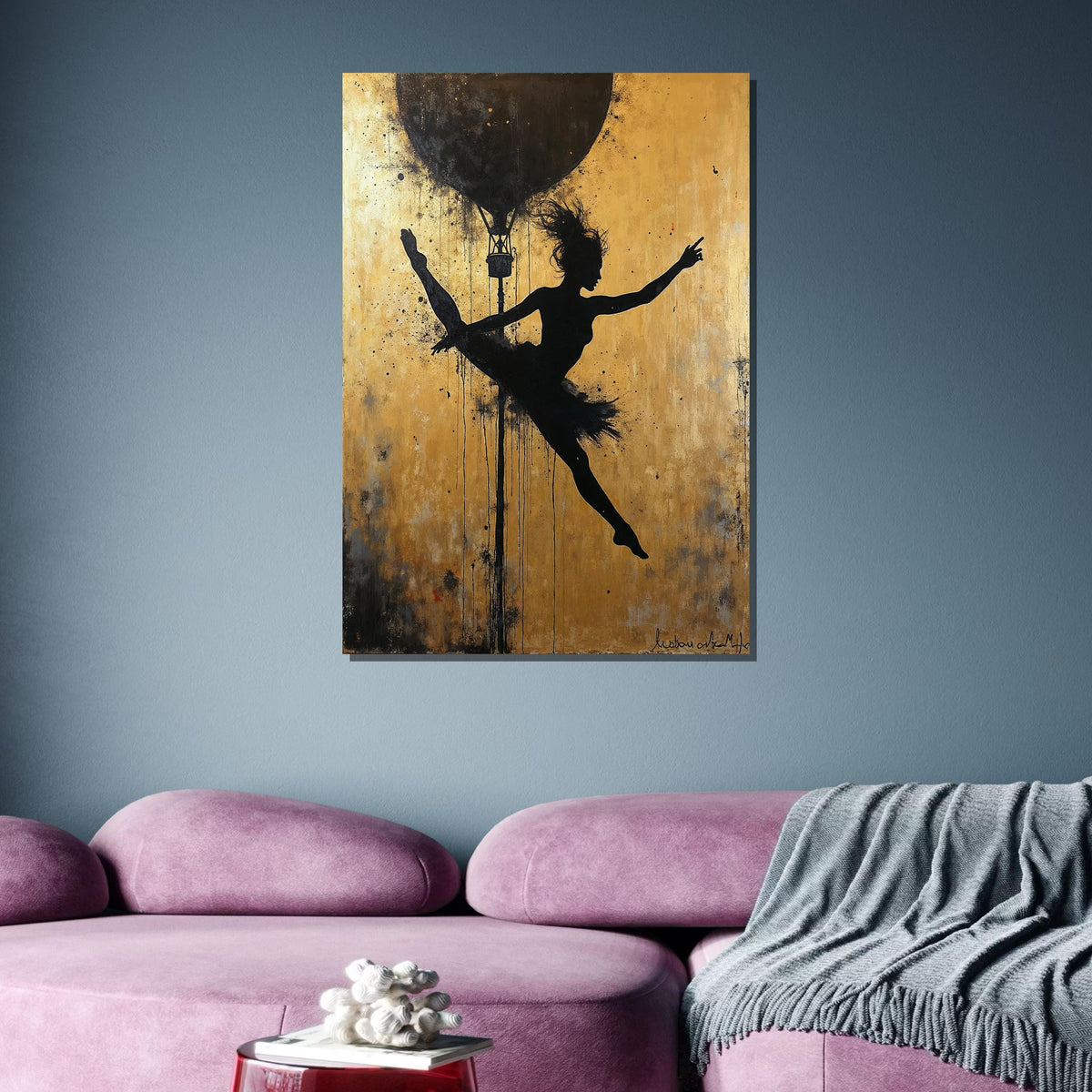 Ballerina Silhouette Art, Golden Background Dance Canvas, Ballet Wall Art, Hot Air Balloon Artwork, Modern Dance Decor,Framed Ready to Hang