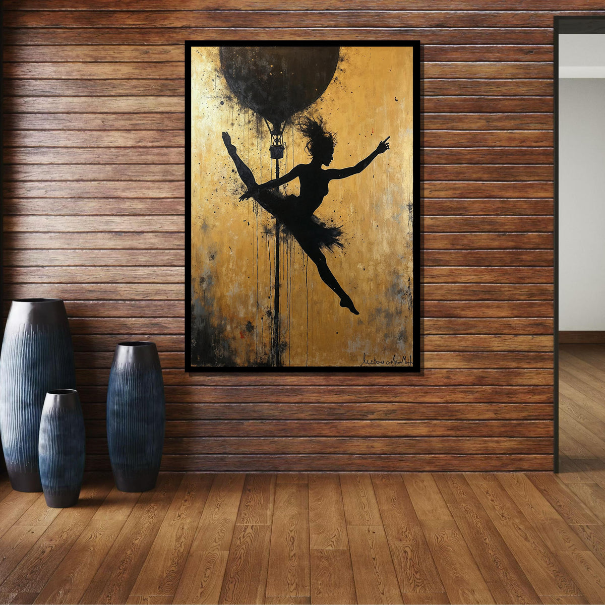 Ballerina Silhouette Art, Golden Background Dance Canvas, Ballet Wall Art, Hot Air Balloon Artwork, Modern Dance Decor,Framed Ready to Hang