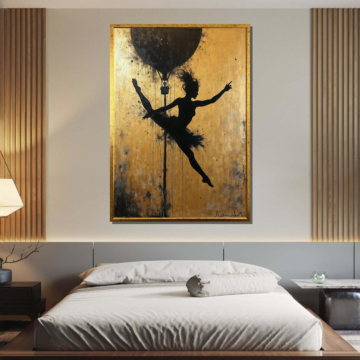 Ballerina Silhouette Art, Golden Background Dance Canvas, Ballet Wall Art, Hot Air Balloon Artwork, Modern Dance Decor,Framed Ready to Hang