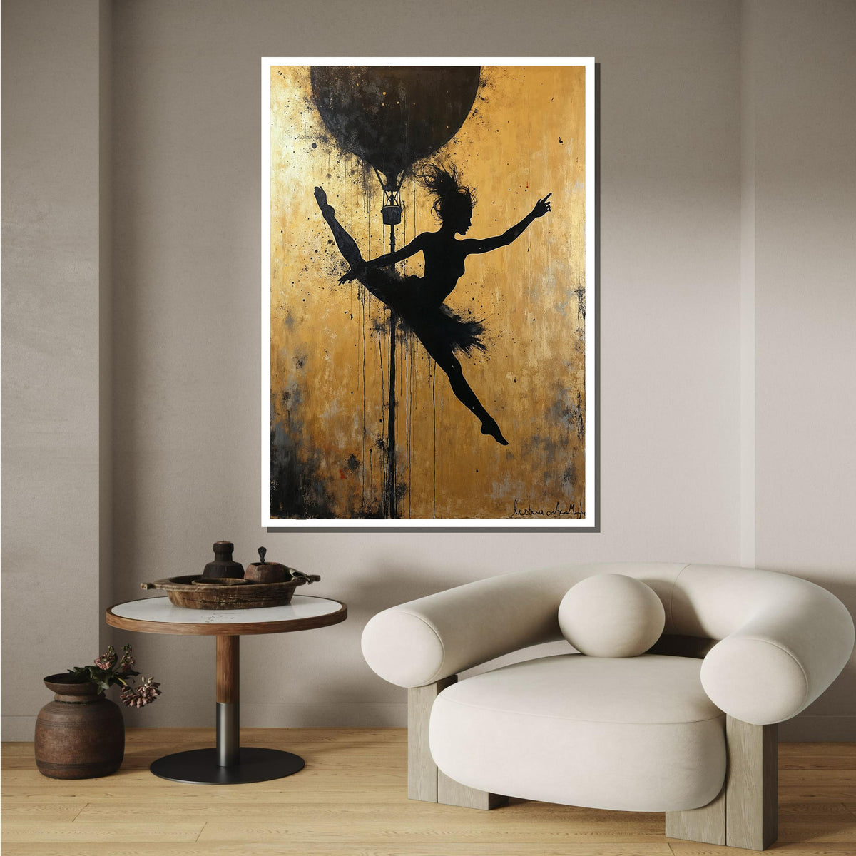 Ballerina Silhouette Art, Golden Background Dance Canvas, Ballet Wall Art, Hot Air Balloon Artwork, Modern Dance Decor,Framed Ready to Hang