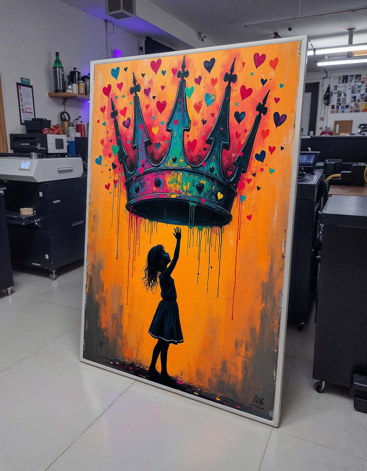 Crown of Dreams Wall Art, Silhouette Girl with Heart Crown, Heart Painting,Urban Contemporary Canvas,Heart Wall Art Ready to Hang Decor