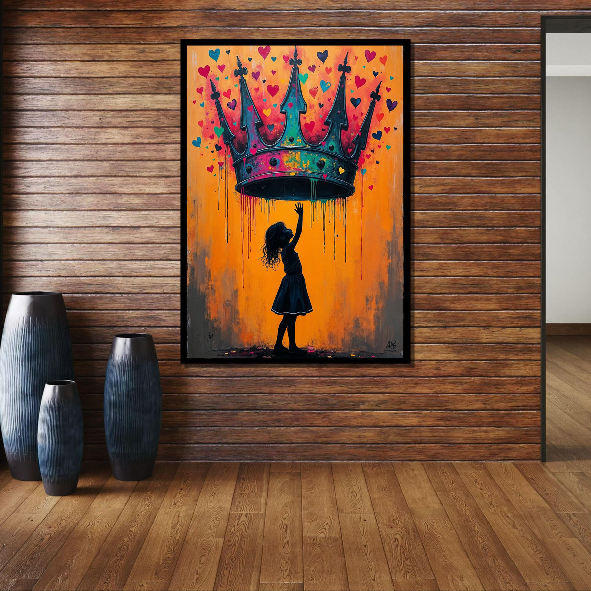 Crown of Dreams Wall Art, Silhouette Girl with Heart Crown, Heart Painting,Urban Contemporary Canvas,Heart Wall Art Ready to Hang Decor