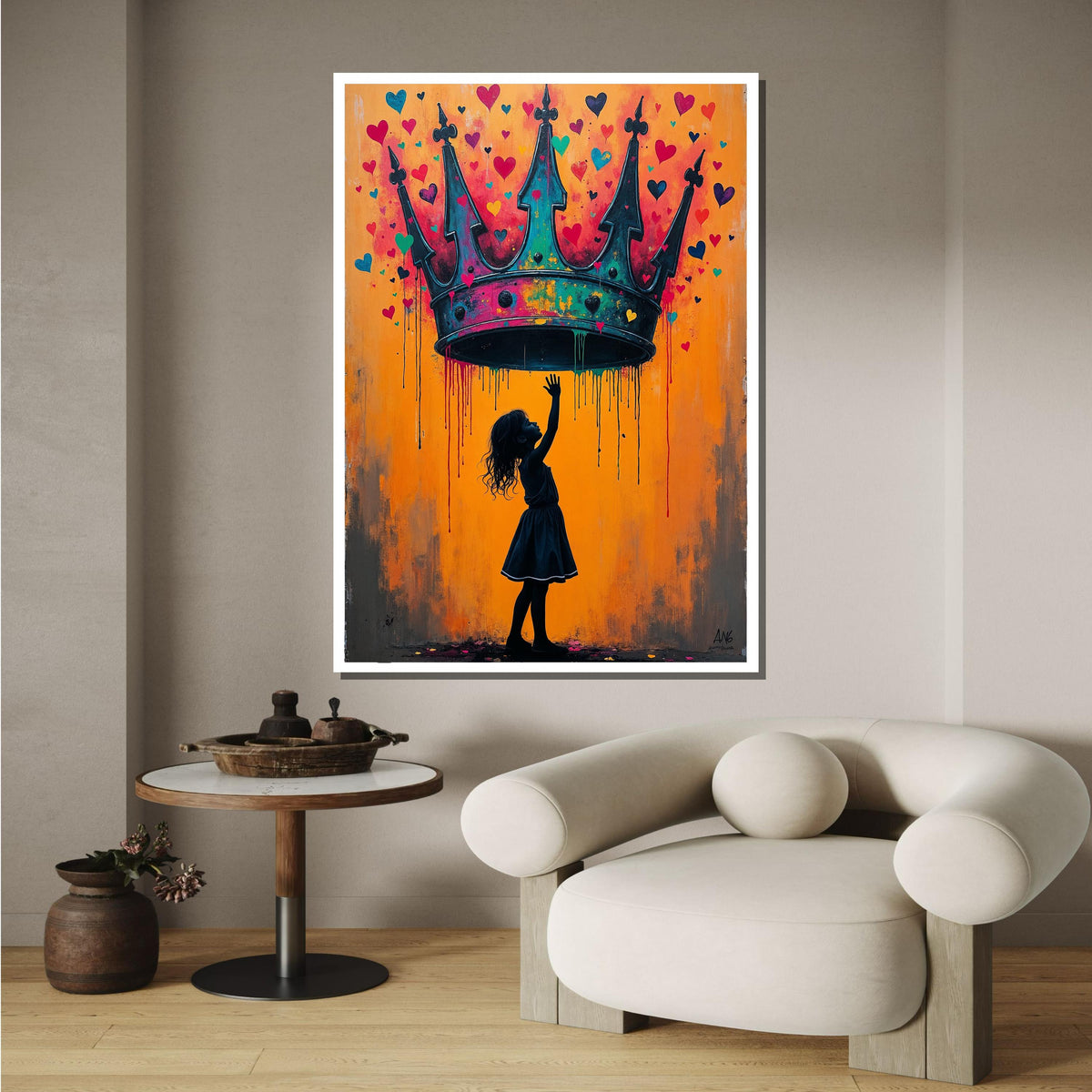 Crown of Dreams Wall Art, Silhouette Girl with Heart Crown, Heart Painting,Urban Contemporary Canvas,Heart Wall Art Ready to Hang Decor