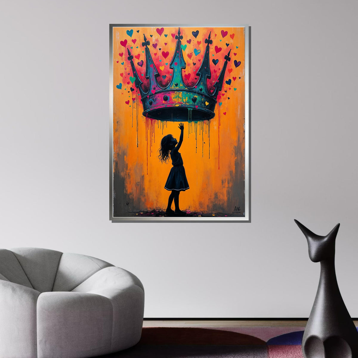 Crown of Dreams Wall Art, Silhouette Girl with Heart Crown, Heart Painting,Urban Contemporary Canvas,Heart Wall Art Ready to Hang Decor