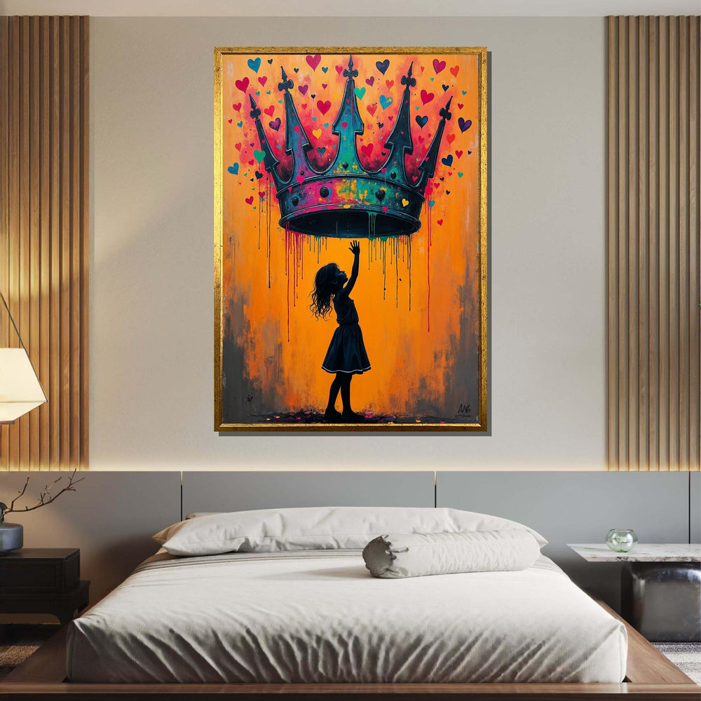 Crown of Dreams Wall Art, Silhouette Girl with Heart Crown, Heart Painting,Urban Contemporary Canvas,Heart Wall Art Ready to Hang Decor