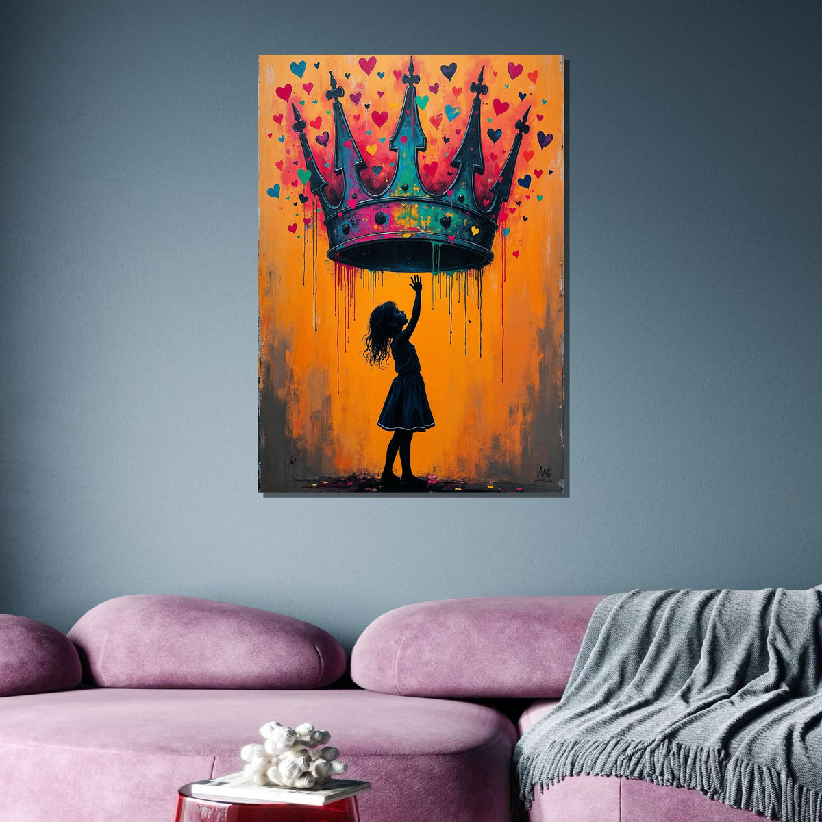 Crown of Dreams Wall Art, Silhouette Girl with Heart Crown, Heart Painting,Urban Contemporary Canvas,Heart Wall Art Ready to Hang Decor