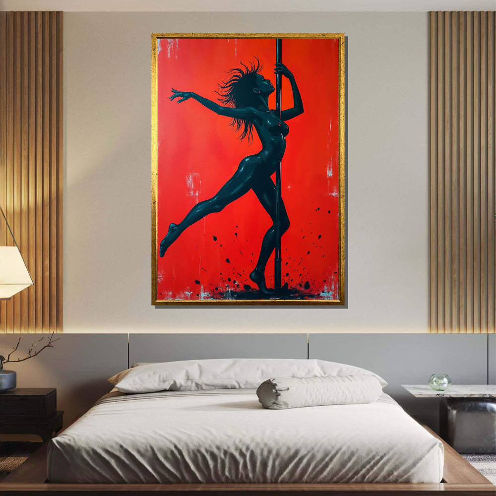 Sensual Pole Dance Art, Erotic Female Silhouette, Bold Red and Black Wall Decor, Pole Dancer Artwork, Dance Art Print,Framed Ready to Hang