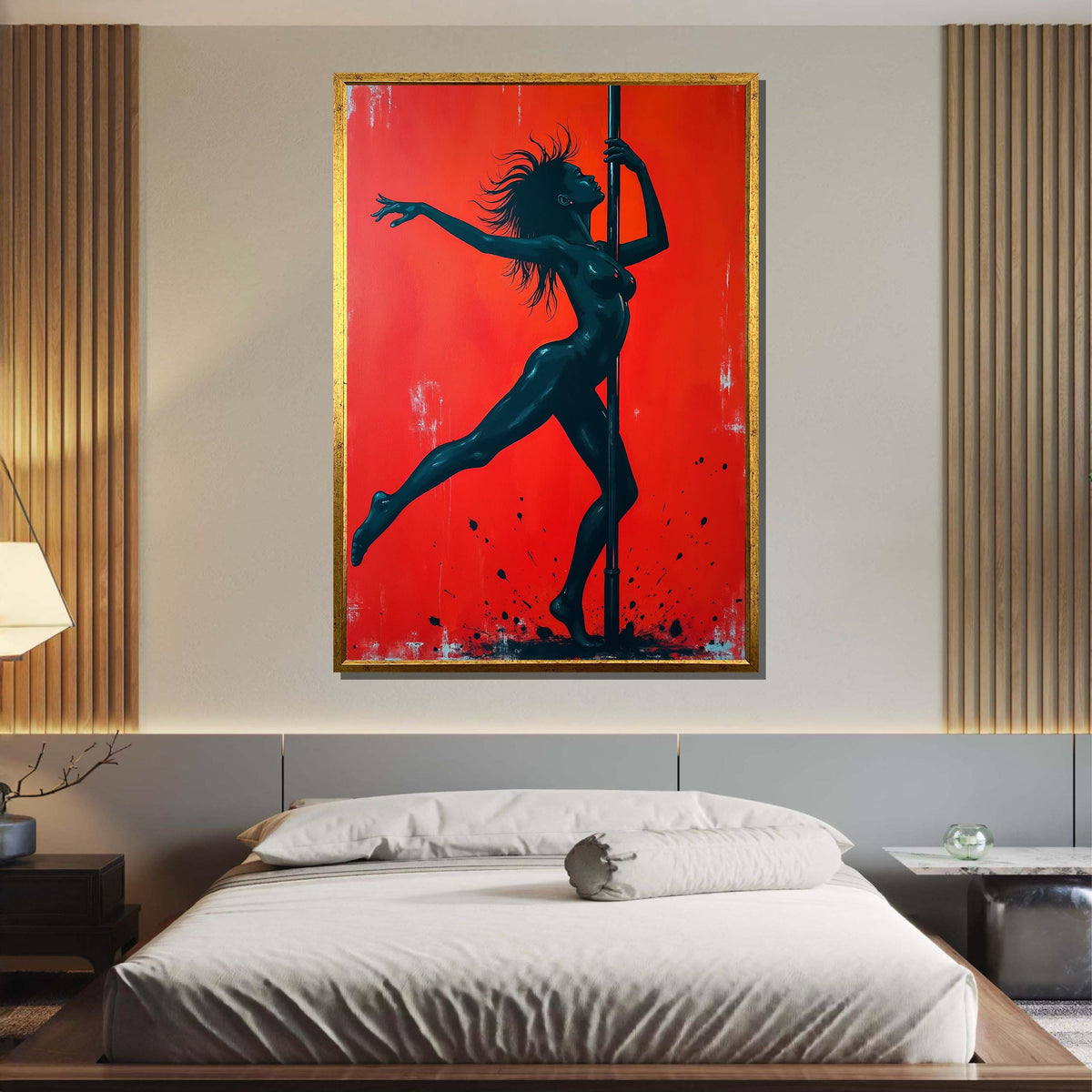 Sensual Pole Dance Art, Erotic Female Silhouette, Bold Red and Black Wall Decor, Pole Dancer Artwork, Dance Art Print,Framed Ready to Hang