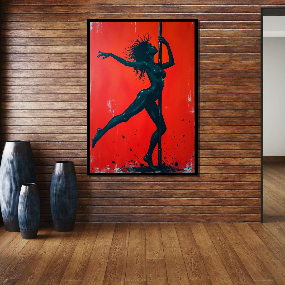 Sensual Pole Dance Art, Erotic Female Silhouette, Bold Red and Black Wall Decor, Pole Dancer Artwork, Dance Art Print,Framed Ready to Hang