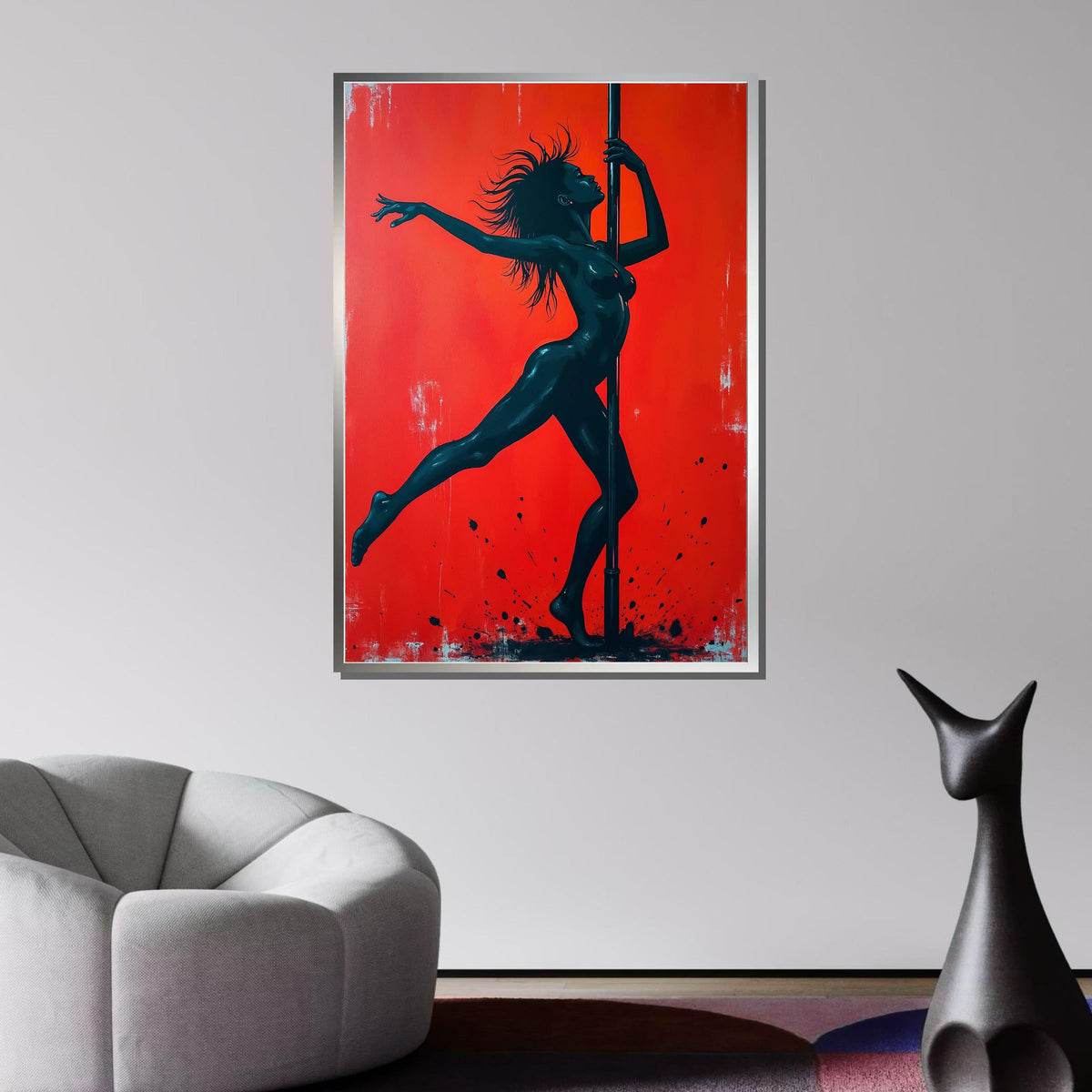 Sensual Pole Dance Art, Erotic Female Silhouette, Bold Red and Black Wall Decor, Pole Dancer Artwork, Dance Art Print,Framed Ready to Hang