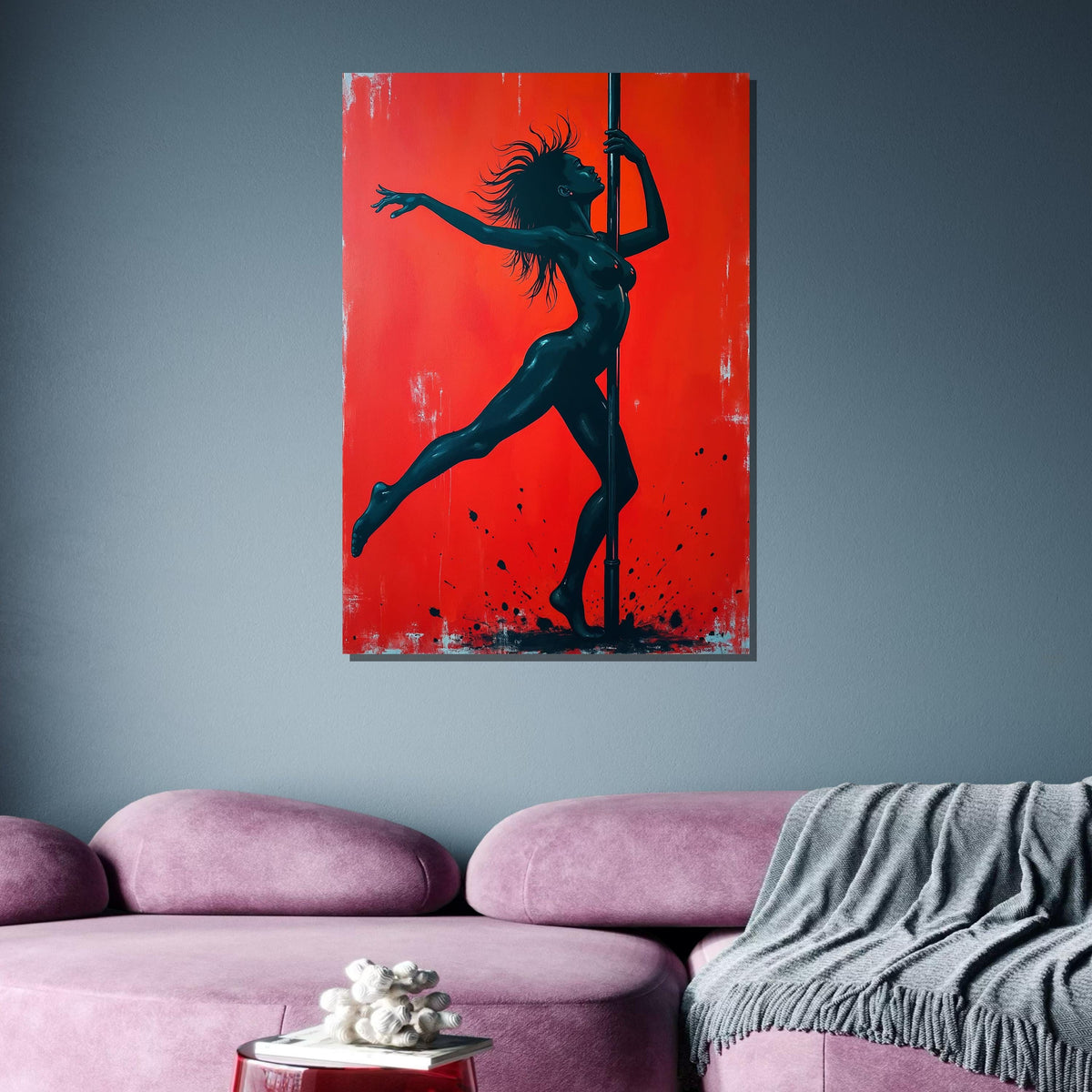 Sensual Pole Dance Art, Erotic Female Silhouette, Bold Red and Black Wall Decor, Pole Dancer Artwork, Dance Art Print,Framed Ready to Hang