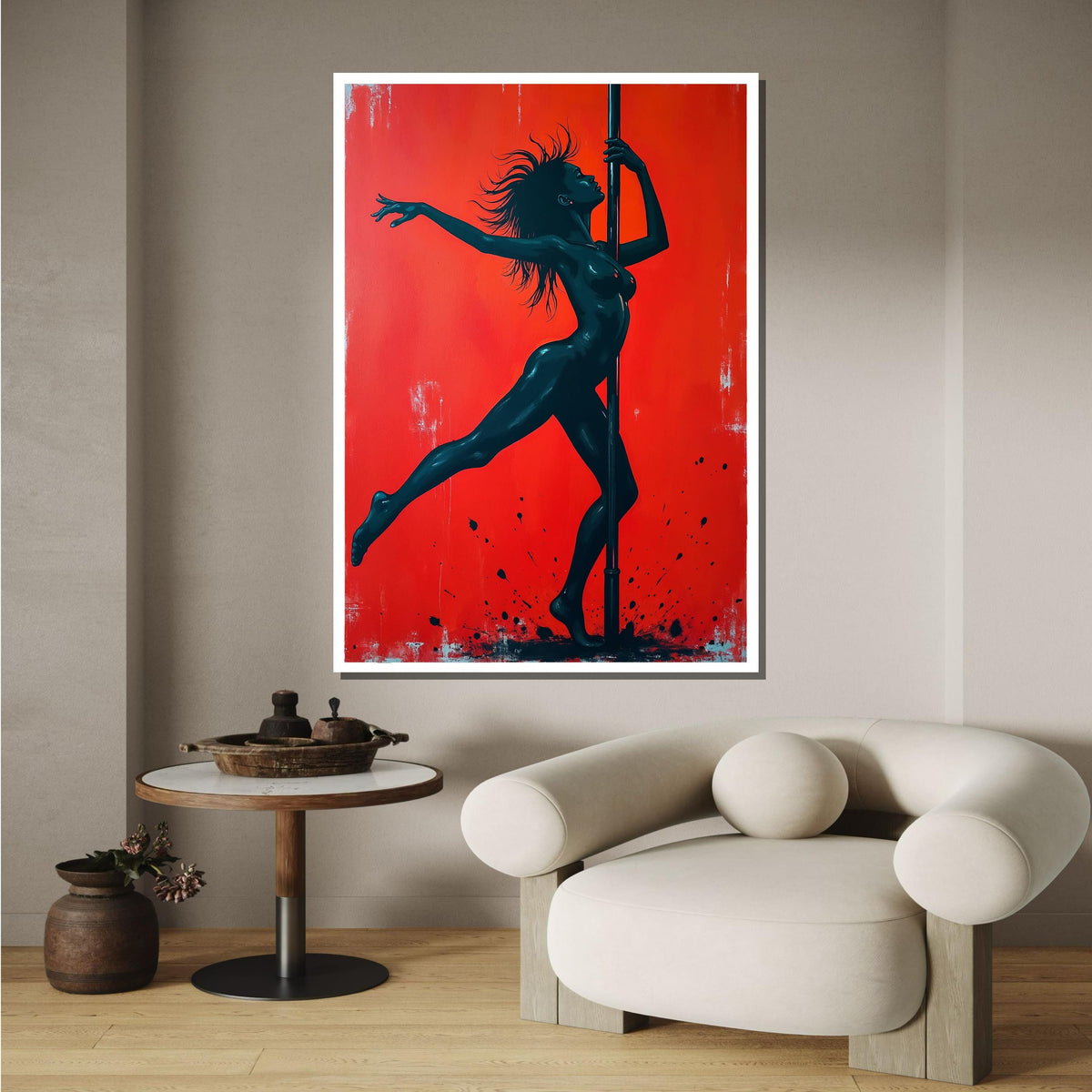 Sensual Pole Dance Art, Erotic Female Silhouette, Bold Red and Black Wall Decor, Pole Dancer Artwork, Dance Art Print,Framed Ready to Hang