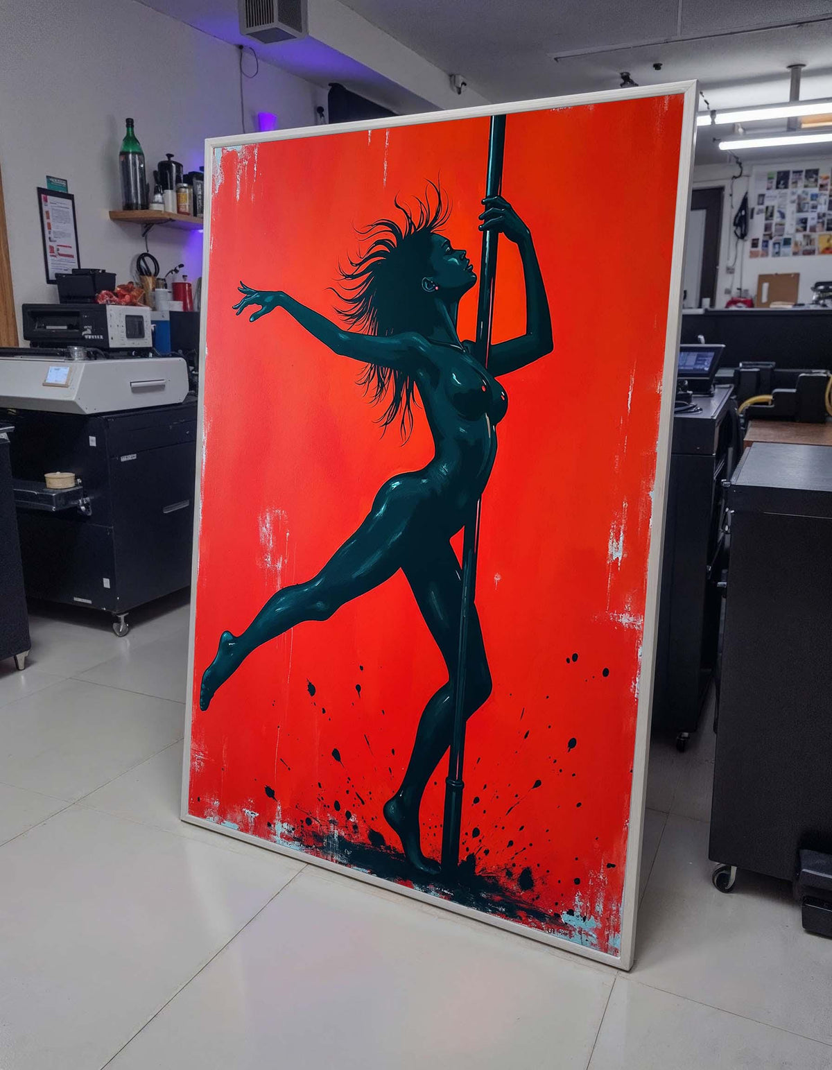 Sensual Pole Dance Art, Erotic Female Silhouette, Bold Red and Black Wall Decor, Pole Dancer Artwork, Dance Art Print,Framed Ready to Hang