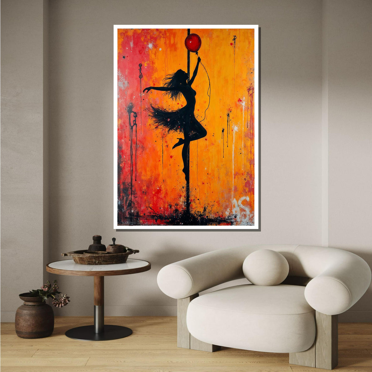 Dancing Silhouette, Vibrant Orange Wall Art, Female Silhouette Canvas, Abstract Graffiti Artwork, Dance Art Print,Framed Ready to Hang