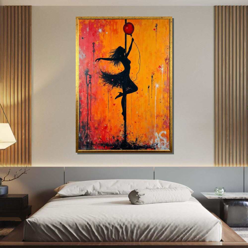 Dancing Silhouette, Vibrant Orange Wall Art, Female Silhouette Canvas, Abstract Graffiti Artwork, Dance Art Print,Framed Ready to Hang
