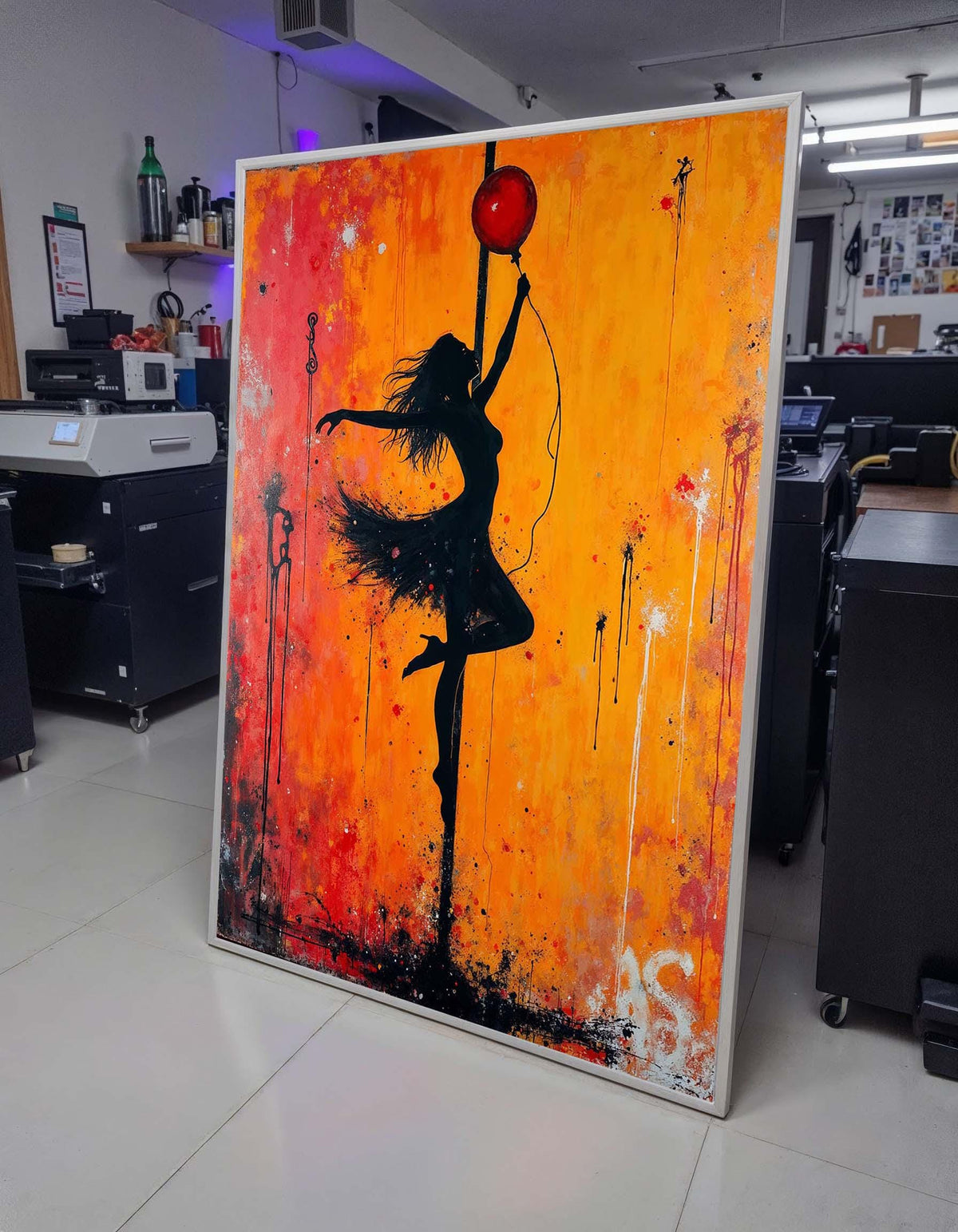 Dancing Silhouette, Vibrant Orange Wall Art, Female Silhouette Canvas, Abstract Graffiti Artwork, Dance Art Print,Framed Ready to Hang