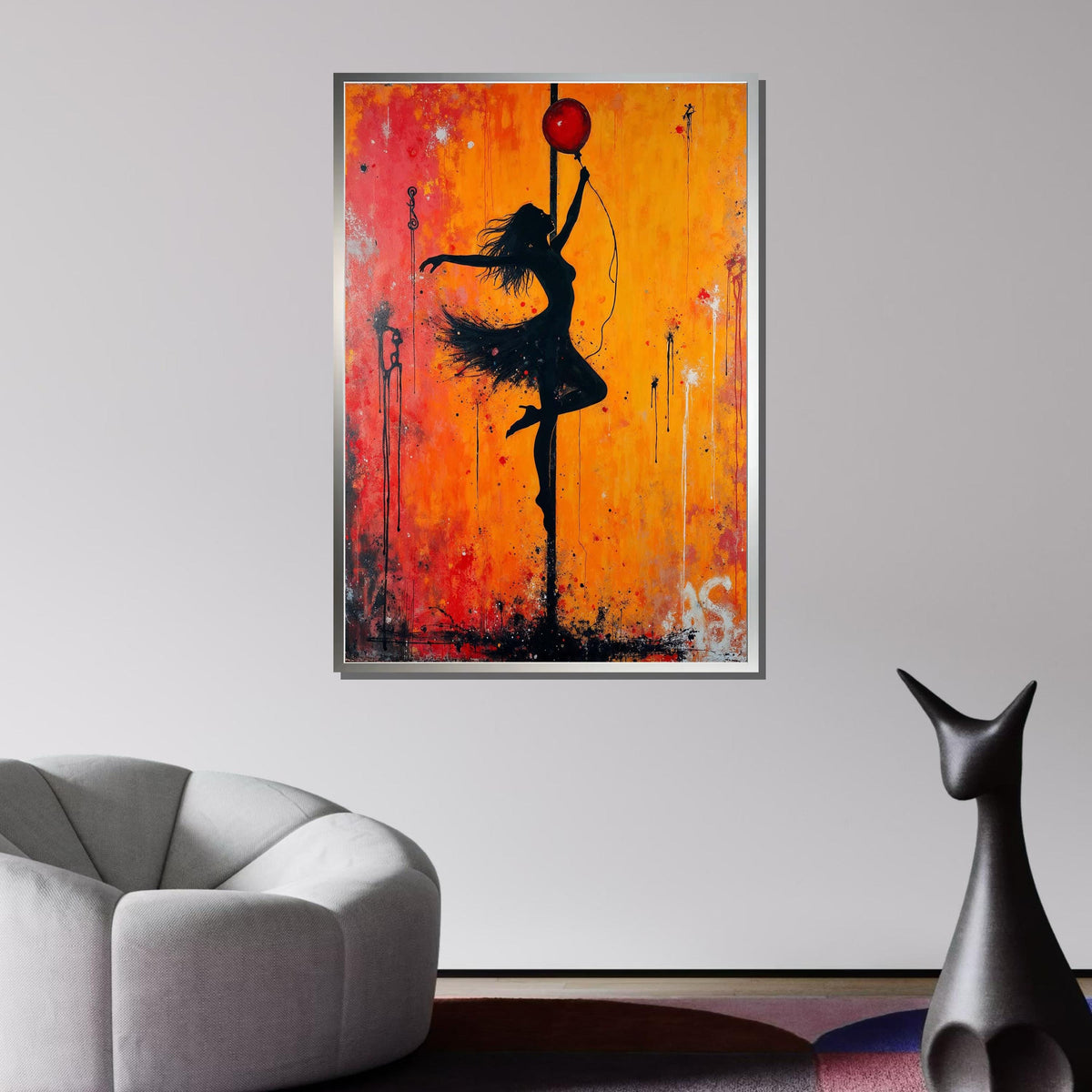 Dancing Silhouette, Vibrant Orange Wall Art, Female Silhouette Canvas, Abstract Graffiti Artwork, Dance Art Print,Framed Ready to Hang