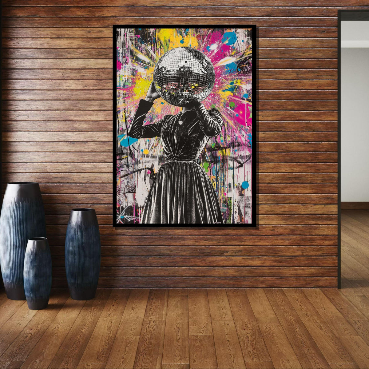Woman Canvas, Disco Head Street Art, Graffiti Woman Print, Colorful Urban Wall Art, Bold Disco Ball Canvas, Unique Party Art,Ready to Hang