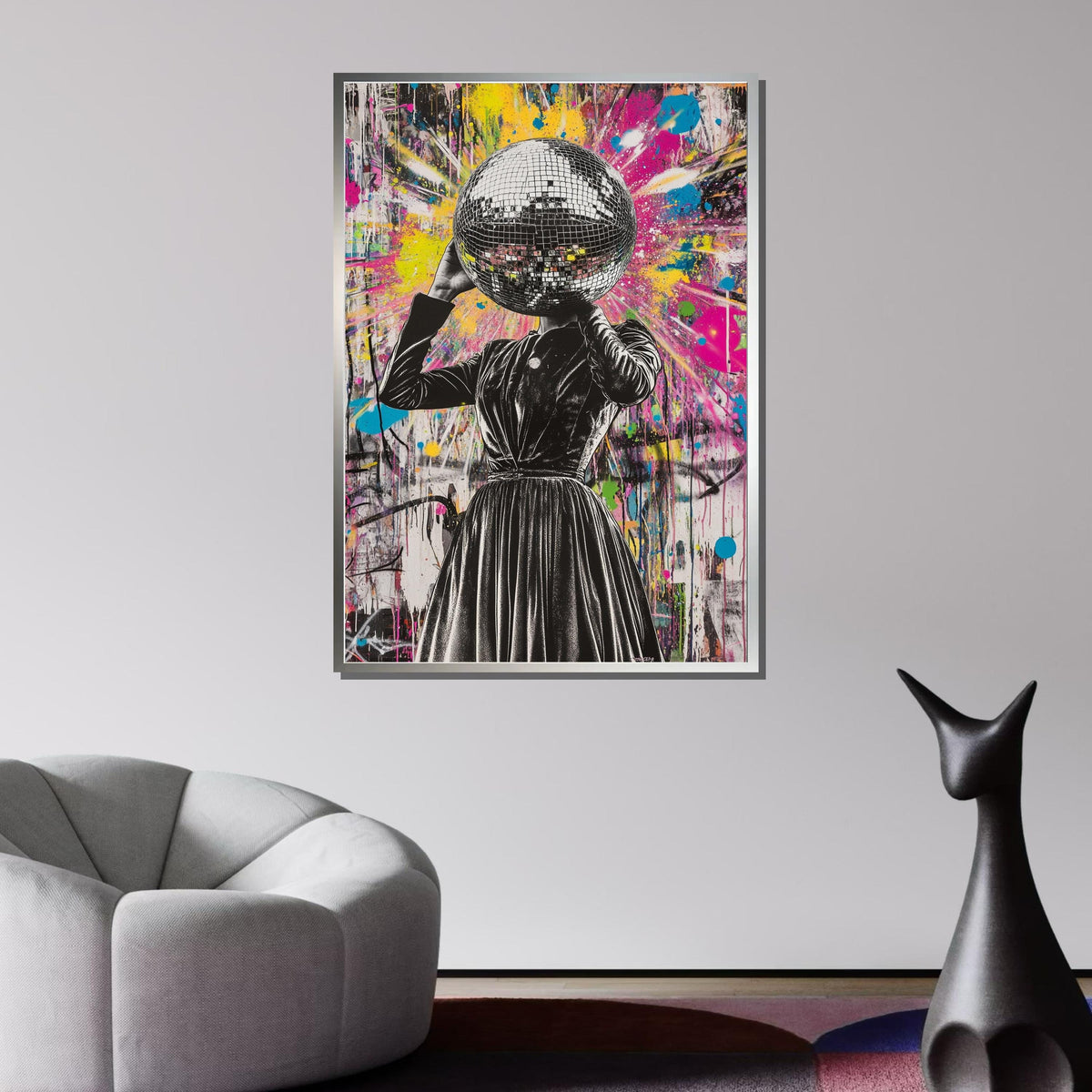 Woman Canvas, Disco Head Street Art, Graffiti Woman Print, Colorful Urban Wall Art, Bold Disco Ball Canvas, Unique Party Art,Ready to Hang