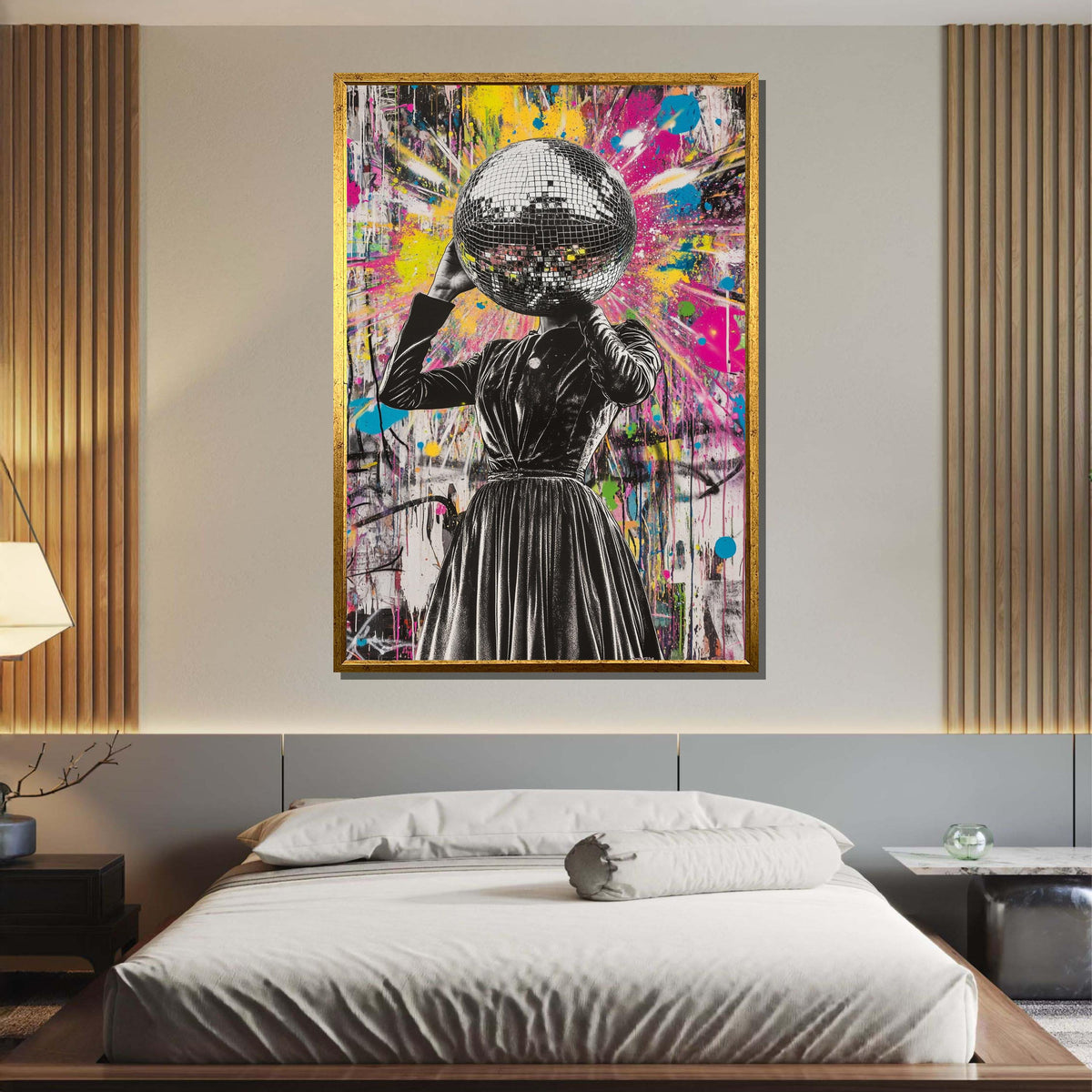 Woman Canvas, Disco Head Street Art, Graffiti Woman Print, Colorful Urban Wall Art, Bold Disco Ball Canvas, Unique Party Art,Ready to Hang