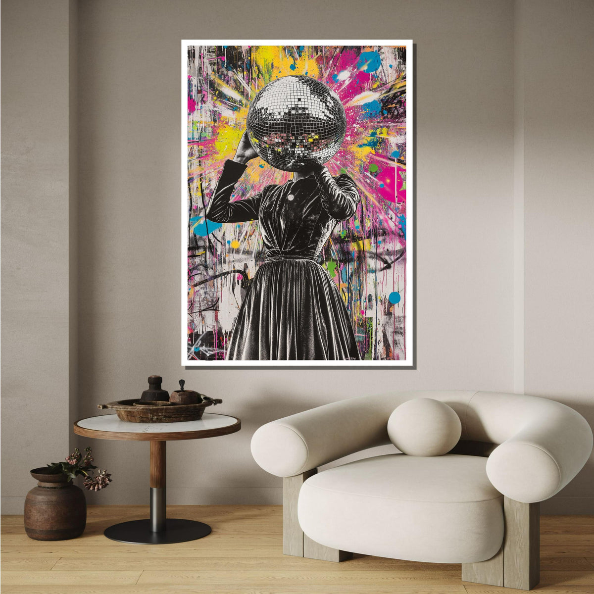 Woman Canvas, Disco Head Street Art, Graffiti Woman Print, Colorful Urban Wall Art, Bold Disco Ball Canvas, Unique Party Art,Ready to Hang