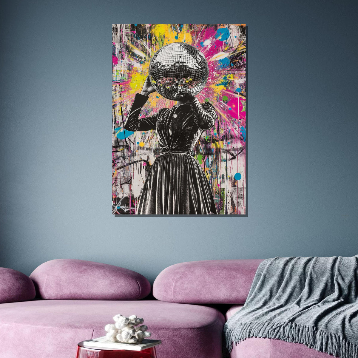 Woman Canvas, Disco Head Street Art, Graffiti Woman Print, Colorful Urban Wall Art, Bold Disco Ball Canvas, Unique Party Art,Ready to Hang