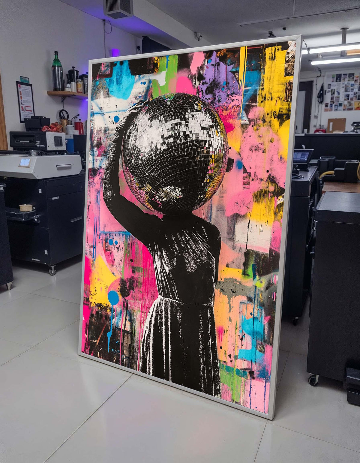 Woman Canvas, Disco Head Street Art, Graffiti Woman Print, Colorful Urban Wall Art, Bold Disco Ball Canvas, Unique Party Art,Ready to Hang