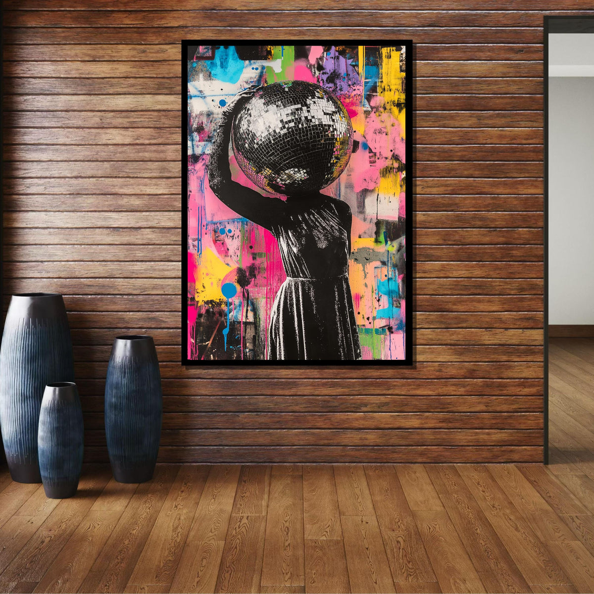 Woman Canvas, Disco Head Street Art, Graffiti Woman Print, Colorful Urban Wall Art, Bold Disco Ball Canvas, Unique Party Art,Ready to Hang