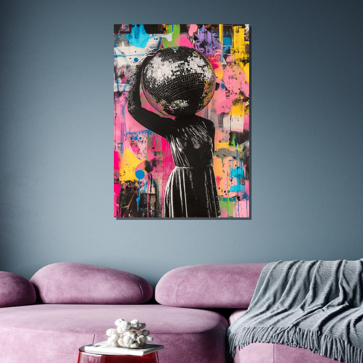 Woman Canvas, Disco Head Street Art, Graffiti Woman Print, Colorful Urban Wall Art, Bold Disco Ball Canvas, Unique Party Art,Ready to Hang