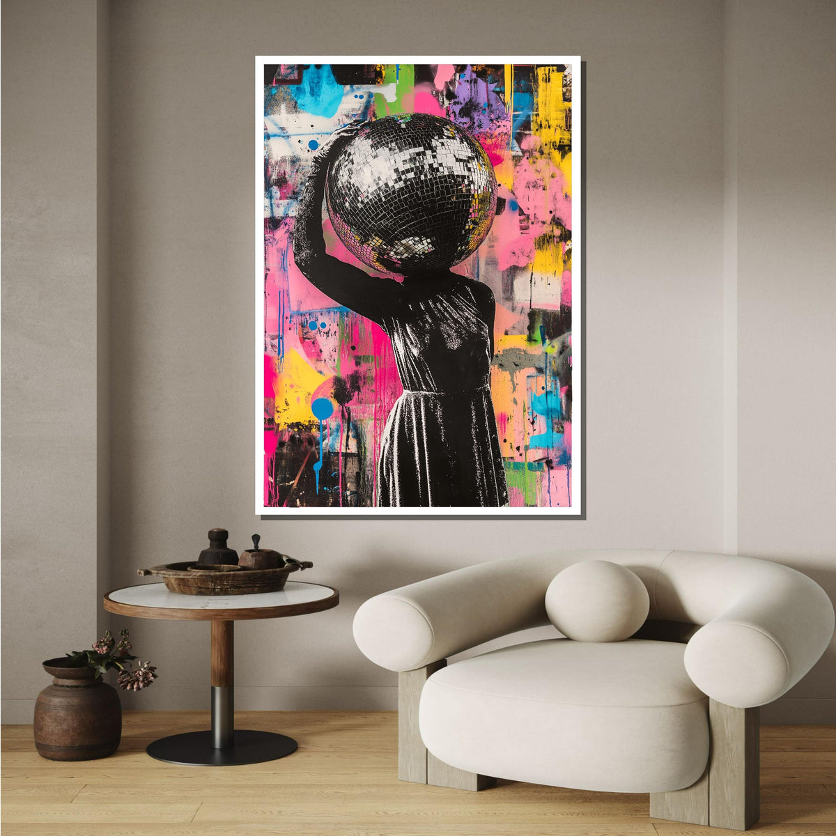 Woman Canvas, Disco Head Street Art, Graffiti Woman Print, Colorful Urban Wall Art, Bold Disco Ball Canvas, Unique Party Art,Ready to Hang
