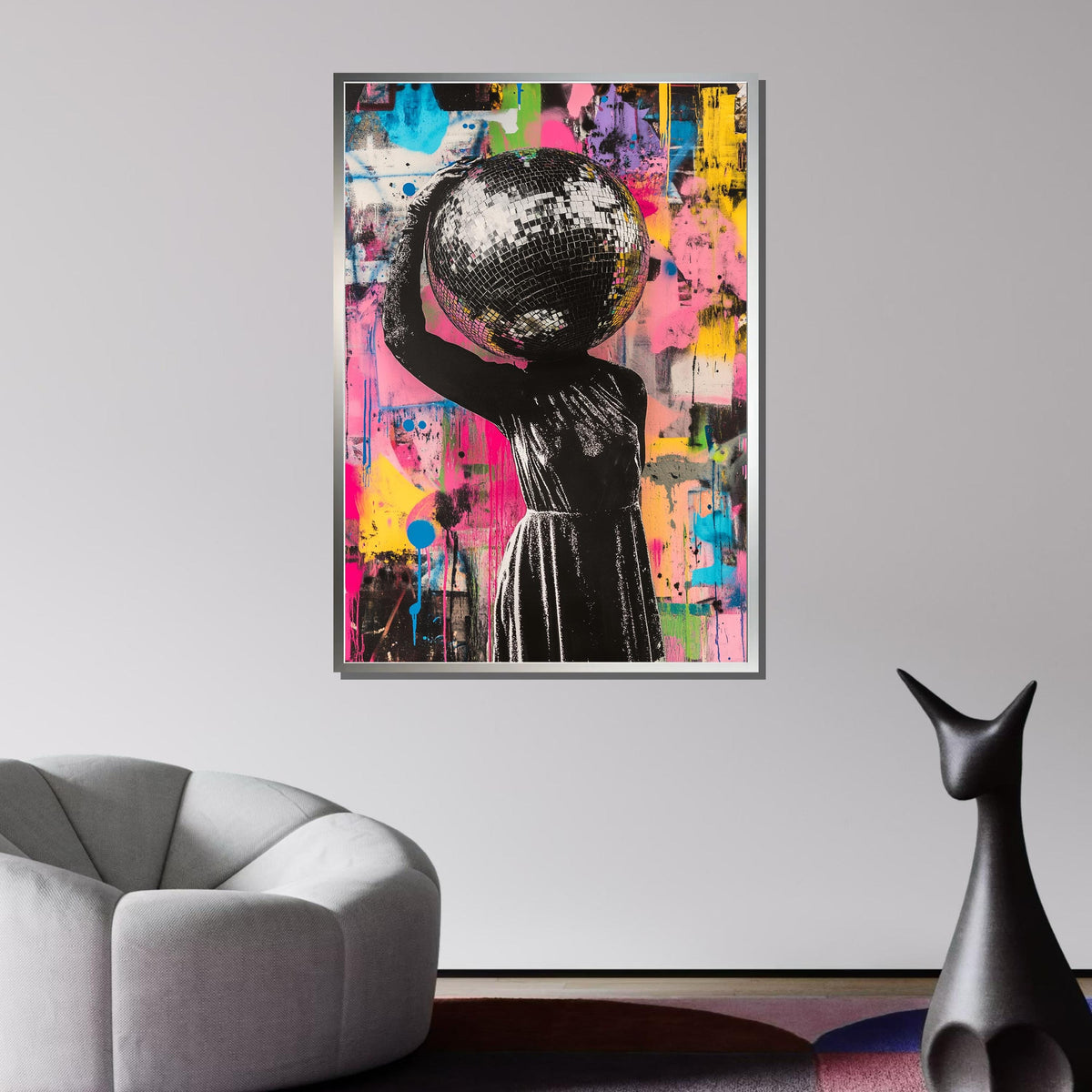 Woman Canvas, Disco Head Street Art, Graffiti Woman Print, Colorful Urban Wall Art, Bold Disco Ball Canvas, Unique Party Art,Ready to Hang