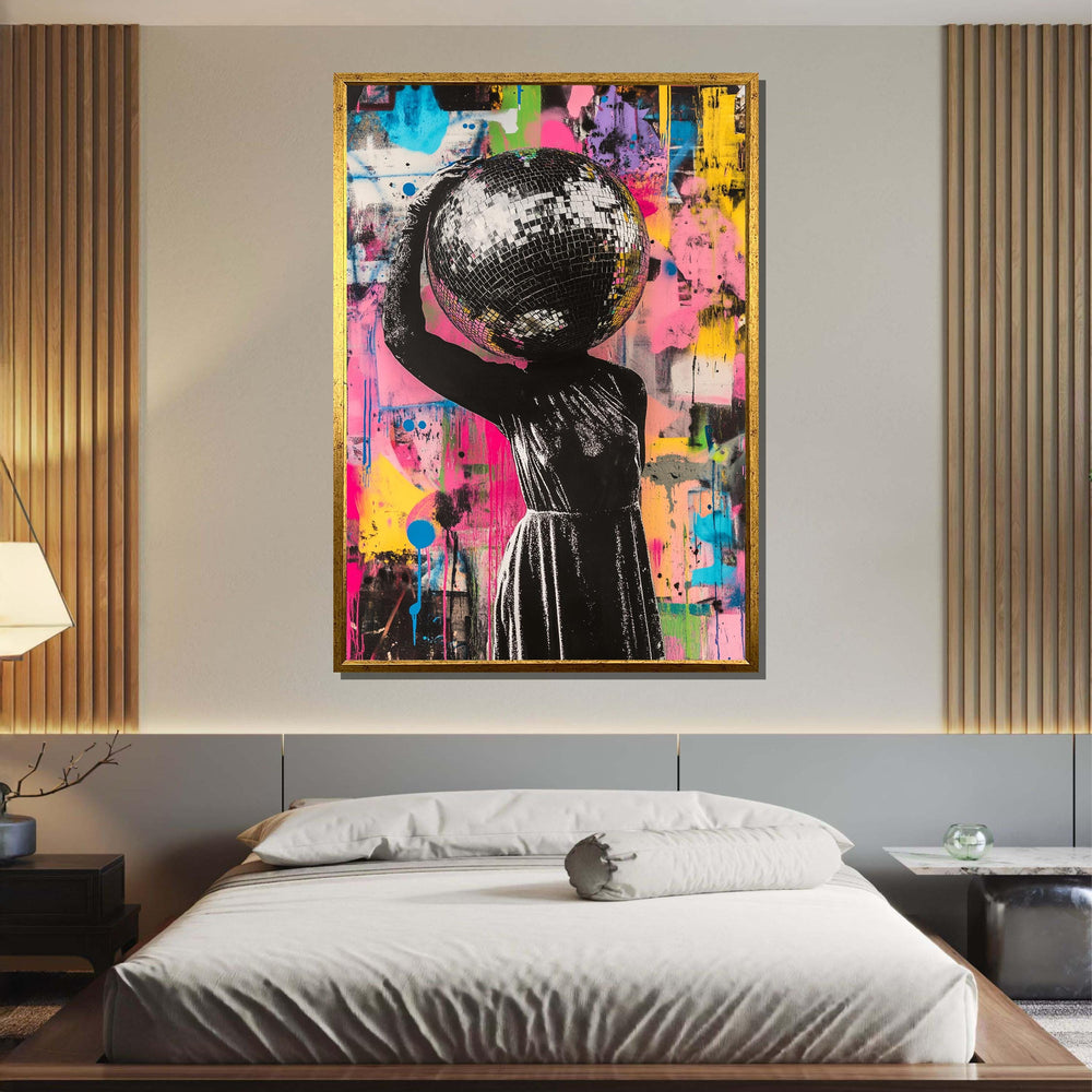 Woman Canvas, Disco Head Street Art, Graffiti Woman Print, Colorful Urban Wall Art, Bold Disco Ball Canvas, Unique Party Art,Ready to Hang
