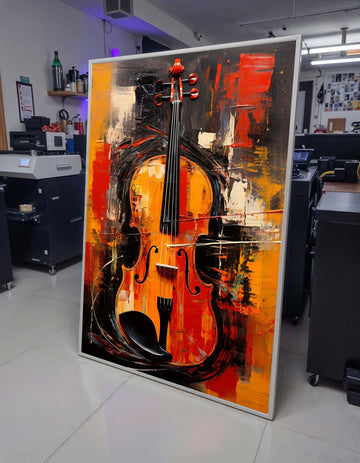 Vibrant Violin Wall Art - Bold Musical Instrument Painting, Orange & Black Wall Decor for Music Lovers Ready to Hang, Music Canvas Art