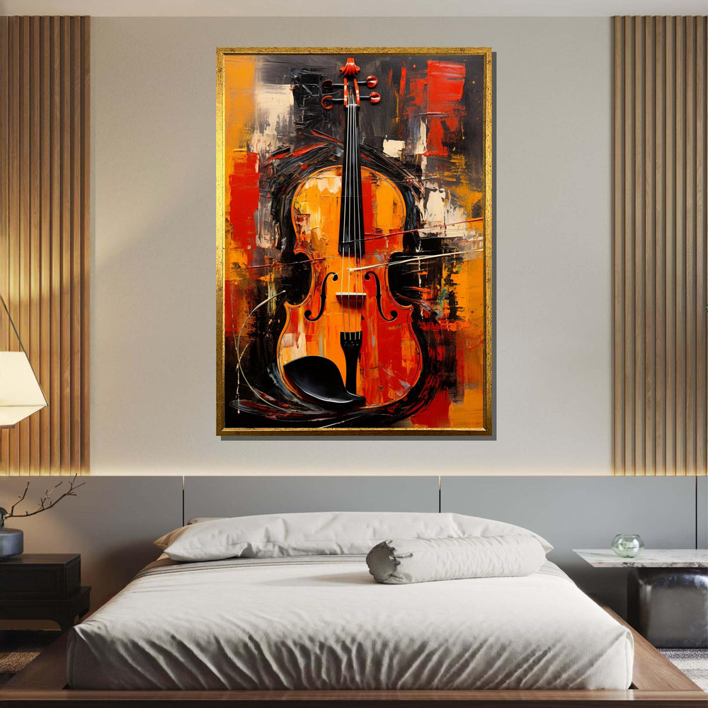 Vibrant Violin Wall Art - Bold Musical Instrument Painting, Orange & Black Wall Decor for Music Lovers Ready to Hang, Music Canvas Art