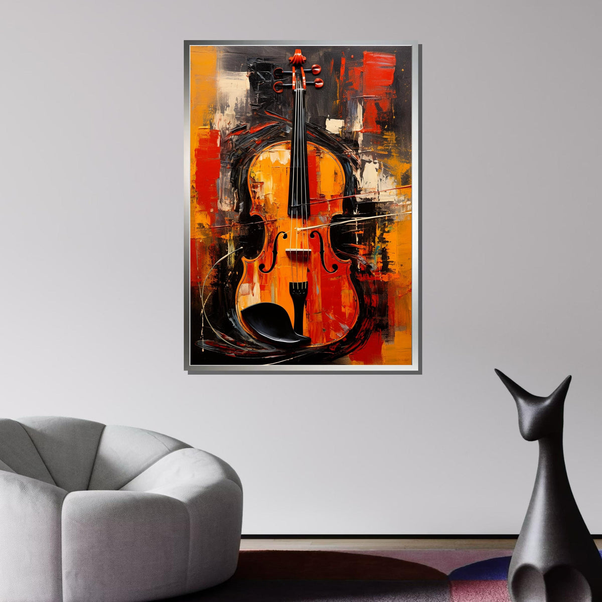 Vibrant Violin Wall Art - Bold Musical Instrument Painting, Orange & Black Wall Decor for Music Lovers Ready to Hang, Music Canvas Art