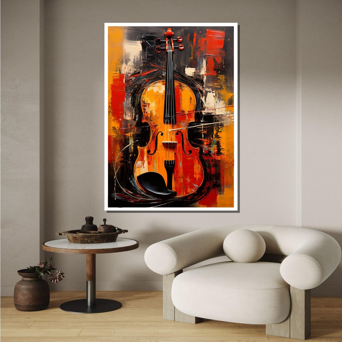 Vibrant Violin Wall Art - Bold Musical Instrument Painting, Orange & Black Wall Decor for Music Lovers Ready to Hang, Music Canvas Art