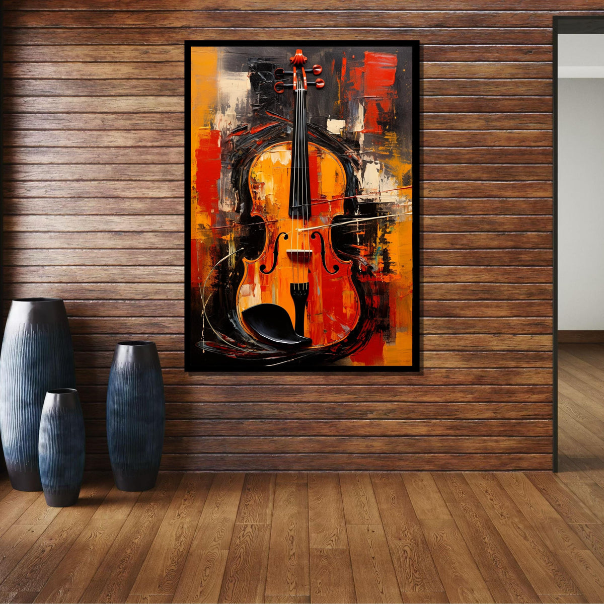 Vibrant Violin Wall Art - Bold Musical Instrument Painting, Orange & Black Wall Decor for Music Lovers Ready to Hang, Music Canvas Art