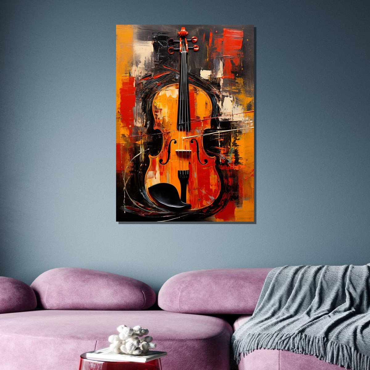 Vibrant Violin Wall Art - Bold Musical Instrument Painting, Orange & Black Wall Decor for Music Lovers Ready to Hang, Music Canvas Art