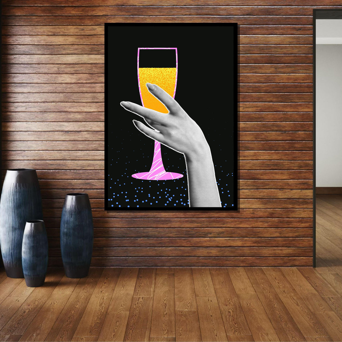 Pop Art Champagne Glass Print -Vibrant Celebration Wall Art, Modern Drink Decor, Retro Style Art, Perfect Gift for Wine Lovers,Ready to Hang