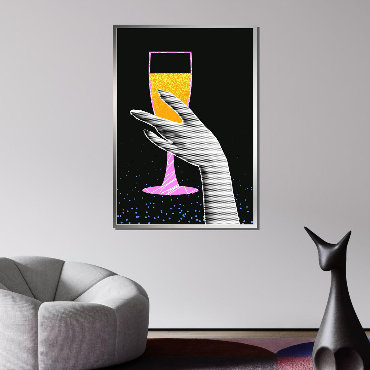 Pop Art Champagne Glass Print -Vibrant Celebration Wall Art, Modern Drink Decor, Retro Style Art, Perfect Gift for Wine Lovers,Ready to Hang