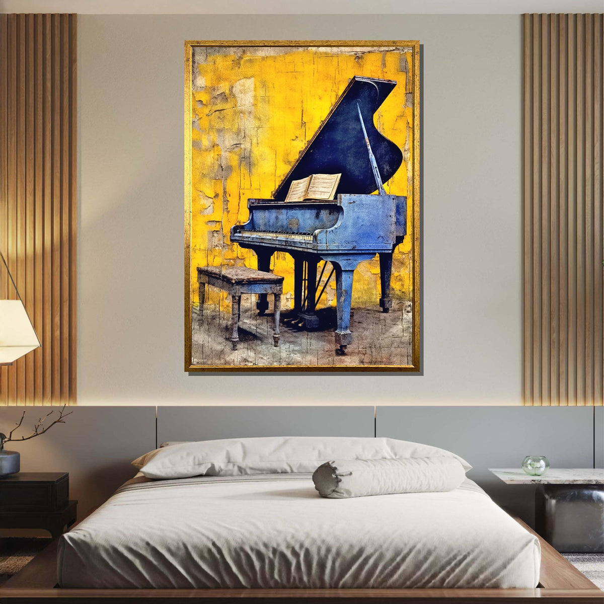 Vintage Blue Piano Art Print -Rustic Music Decor,Yellow Background,Home Wall Art for Musicians, Detailed Art for Musicians, Music Canvas Art