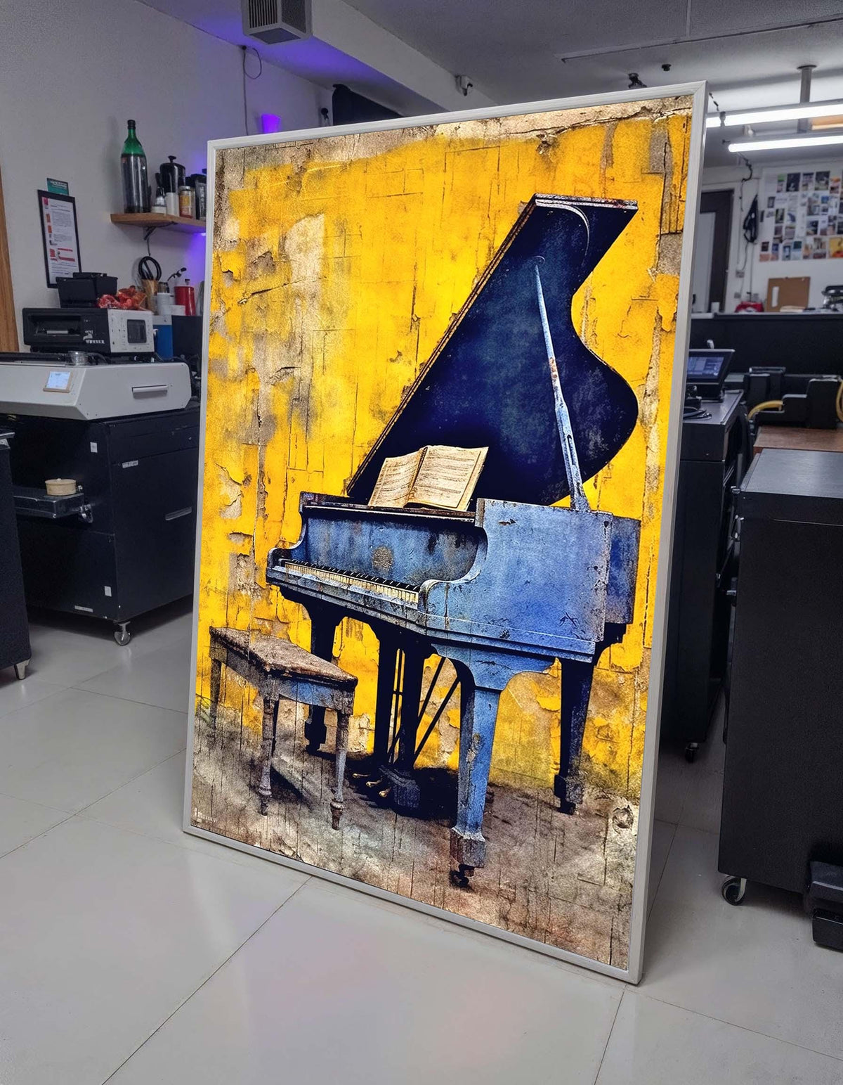 Vintage Blue Piano Art Print -Rustic Music Decor,Yellow Background,Home Wall Art for Musicians, Detailed Art for Musicians, Music Canvas Art